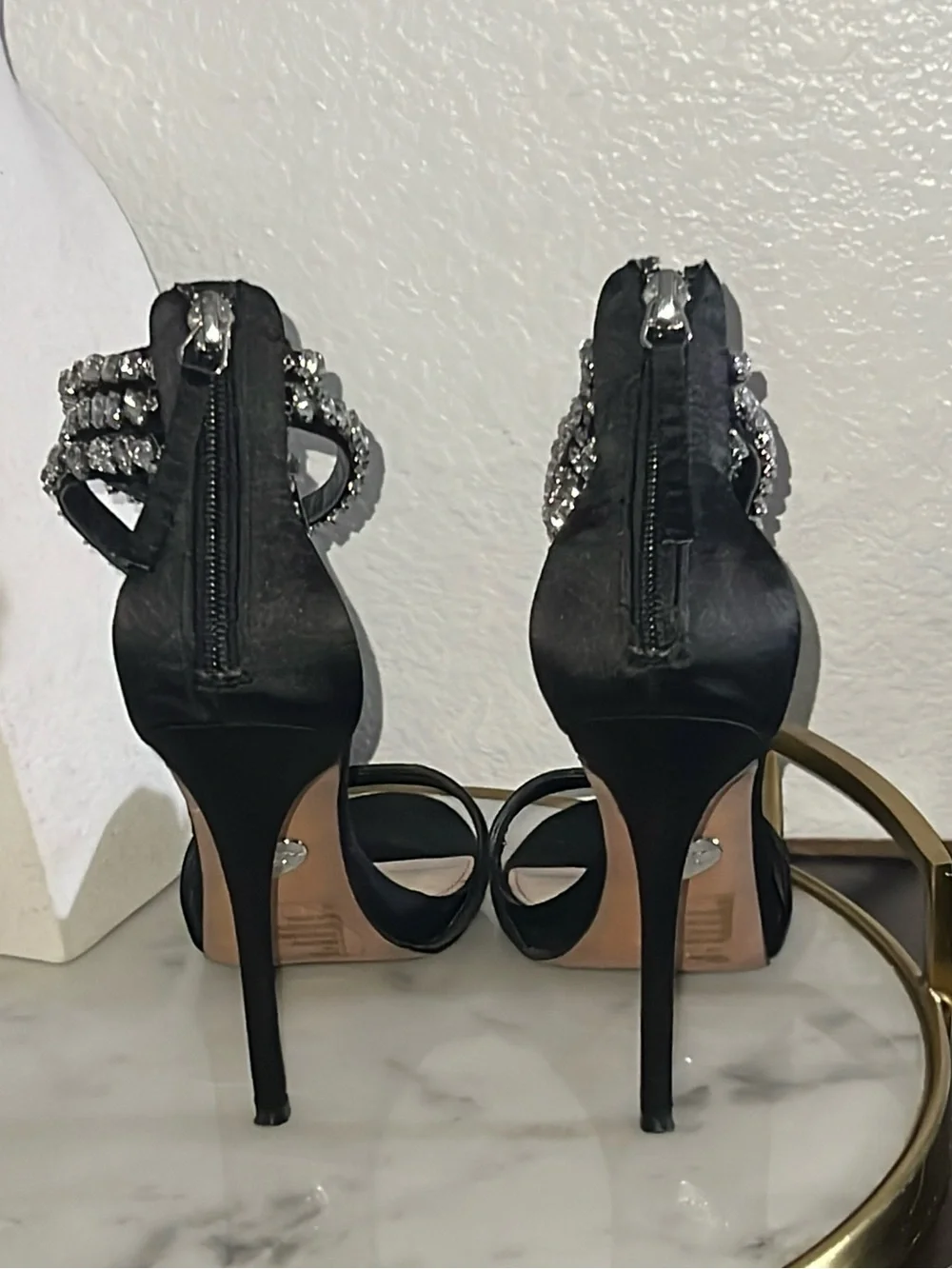 Betsy Johnson rhinestone black satin stiletto sandal ankle strap 7.5 - Picture 6 of 11